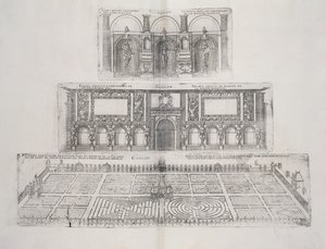 Trädgårdar och exteriör av Chateau de Gaillon, från "Le Plus Belles Bastiments de France", publicerad 1570-talet